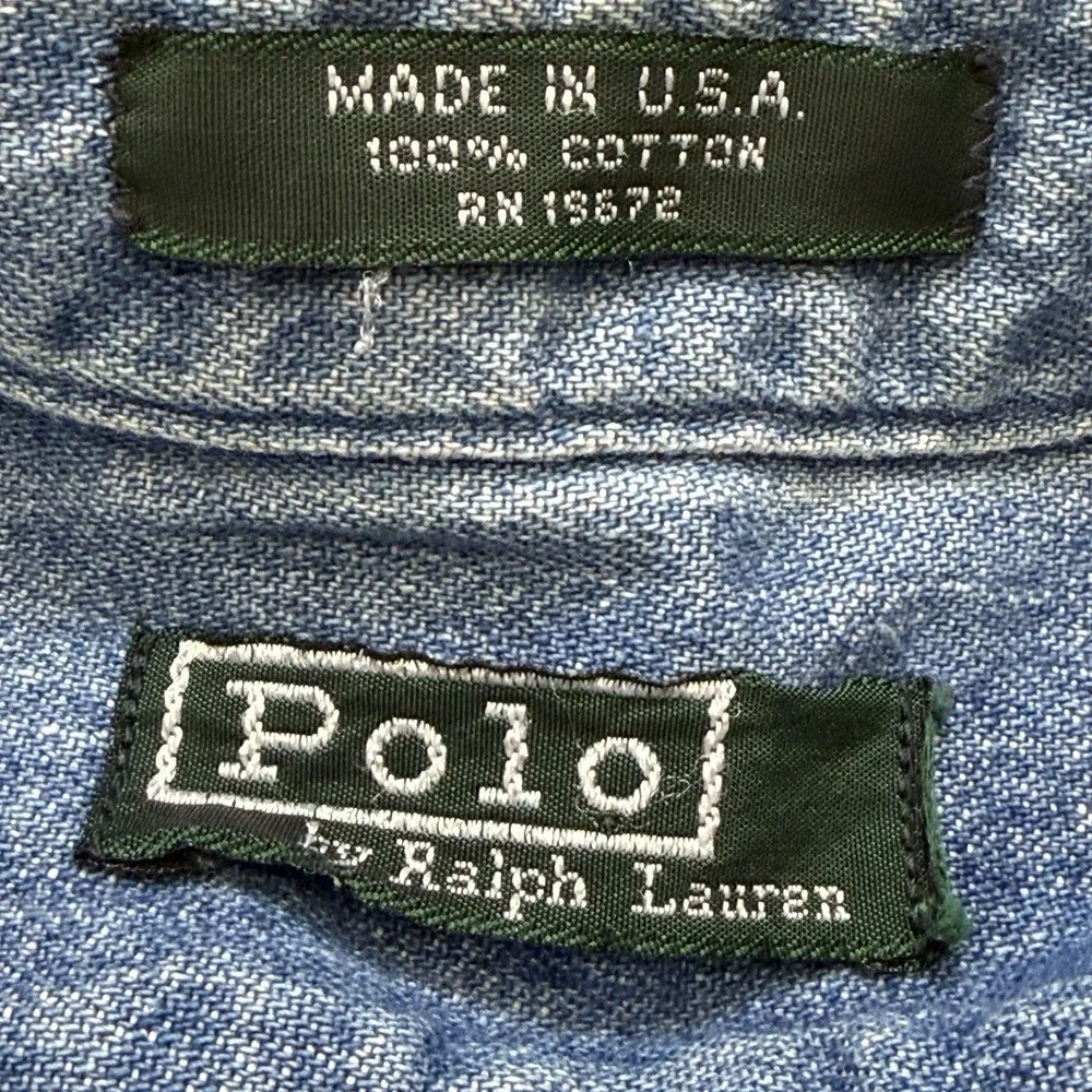 Vintage 90s Polo Ralph Lauren Denim Shirt Mens M USA Short Sleeve Workwear